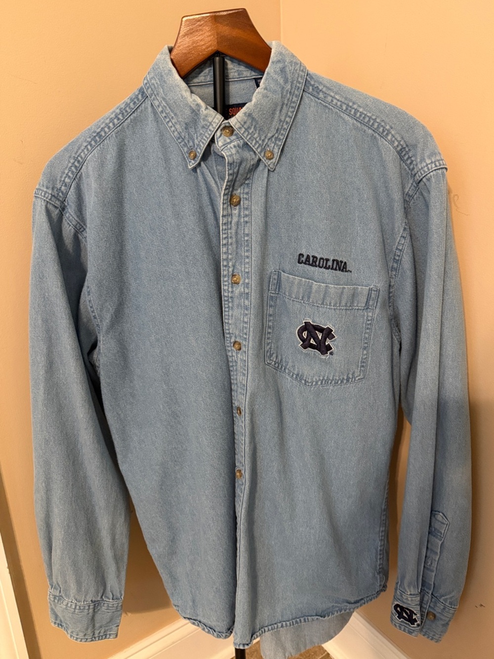 Light Blue Denim Button-Down Shirt with Embroidered UNC logo